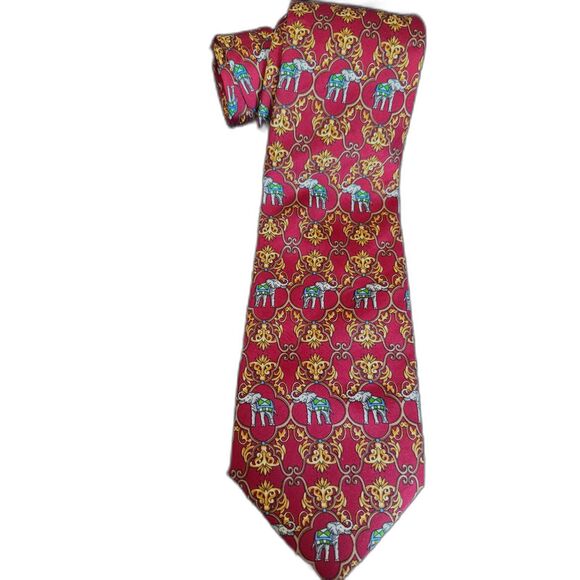 DAKS London Elephant Print Tie Burgundy Gold Scrollwork 100% Silk Vintage Tie - Picture 1 of 8
